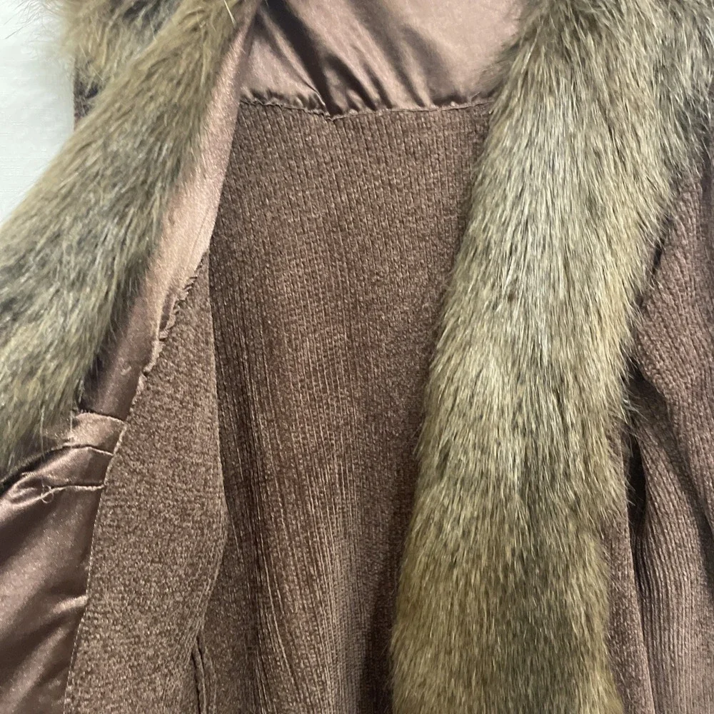 Lisa International Brown Long Sleeve Chenille Faux Fur Sweater‎ Cardigan Women L